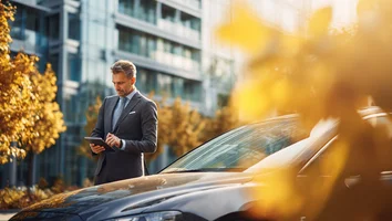 Geschäftsmann im Anzug steht vor einem Auto und bedient ein Tablet in einer urbanen Umgebung mit herbstlich gefärbten Bäumen