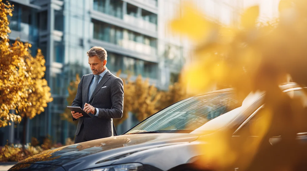 Geschäftsmann im Anzug steht vor einem Auto und bedient ein Tablet in einer urbanen Umgebung mit herbstlich gefärbten Bäumen