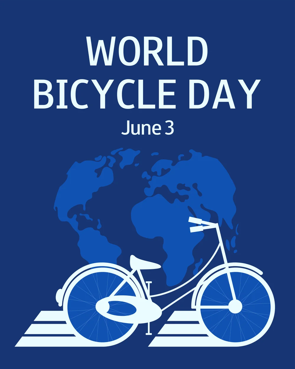 Weißes Fahrrad vor stilisierter Weltkarte auf blauem Hintergrund mit Text WORLD BICYCLE DAY June 3