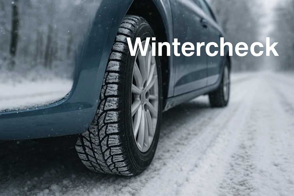 Nahaufnahme eines Autoreifens mit Winterprofil auf verschneiter Straße mit dem Text Wintercheck