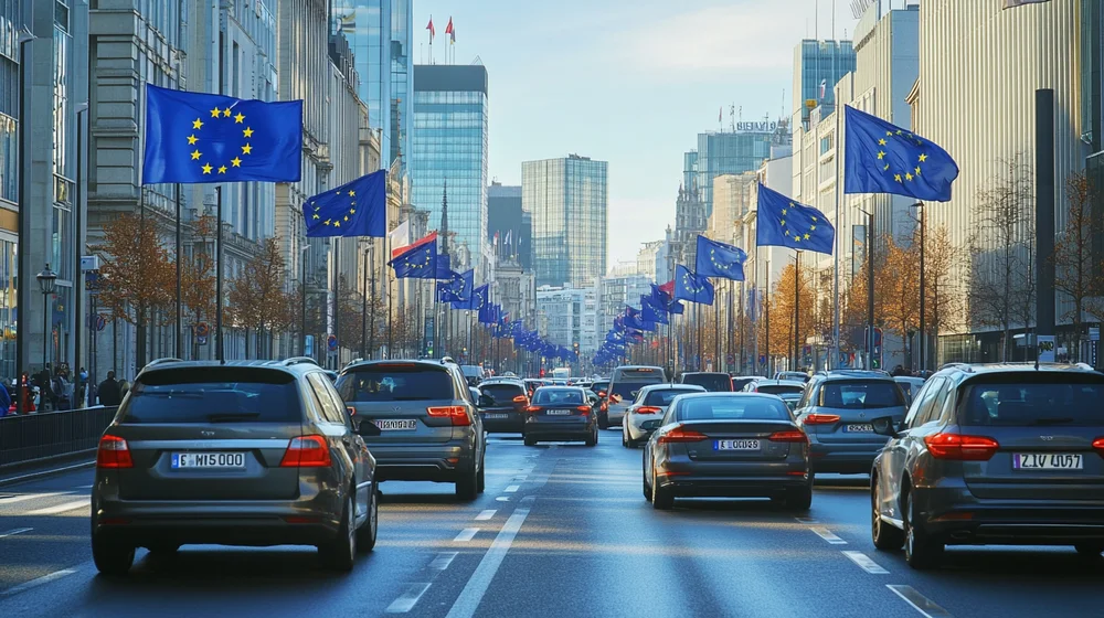 Straße mit mehreren Autos und einer Reihe von EU-Flaggen an beiden Seiten vor Hochhäusern