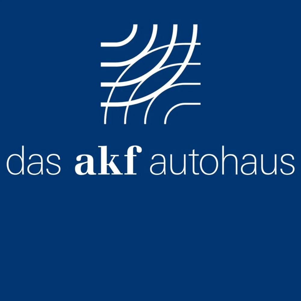 Logo mit stilisiertem Gittermuster über dem Schriftzug das akf autohaus auf blauem Hintergrund
