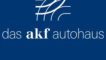 Logo mit stilisiertem Gittermuster über dem Schriftzug das akf autohaus auf blauem Hintergrund
