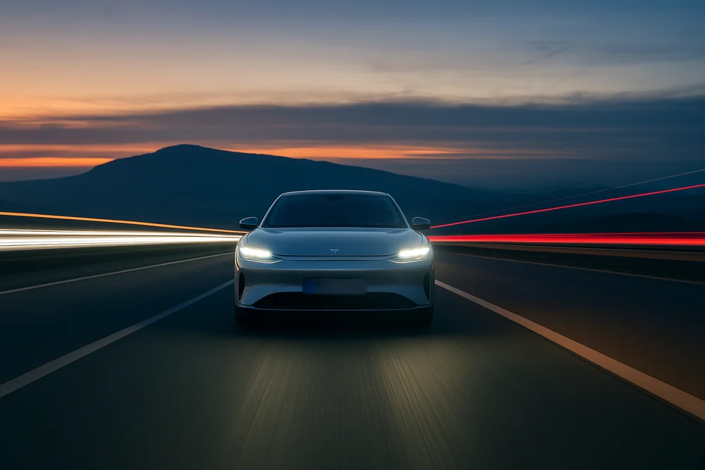Elektroauto mit eingeschalteten Scheinwerfern fährt auf einer Straße bei Dämmerung mit Berg im Hintergrund